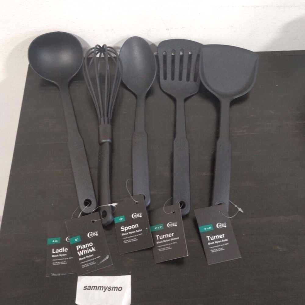 $2- 5pc CHOICE black nylon serving utensils, ladle, whisk, spoon, turner bundle